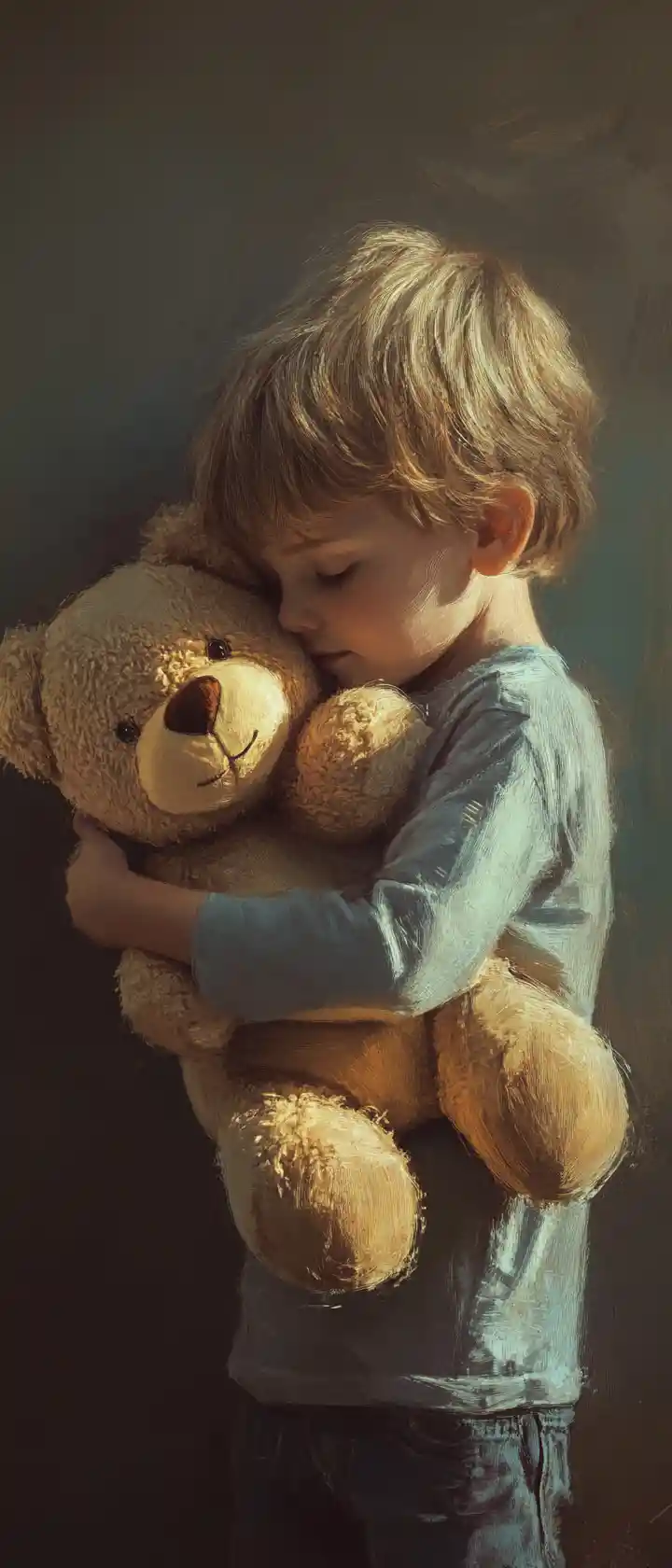 Young boy hugging a beloved plush toy softly