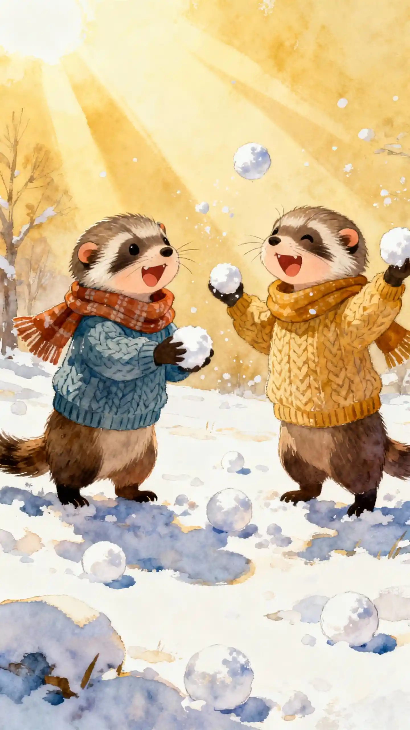 Cuccioli di furetto giocosi che si lanciano palle di neve alla luce del sole