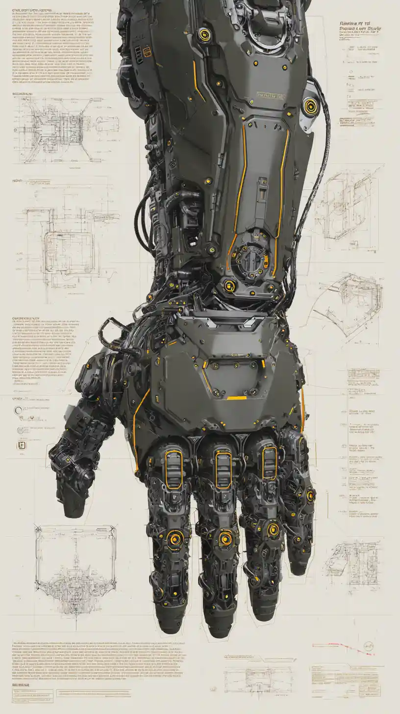 Mano robotica cibernetica con esoscheletro meccanico su sfondo bianco