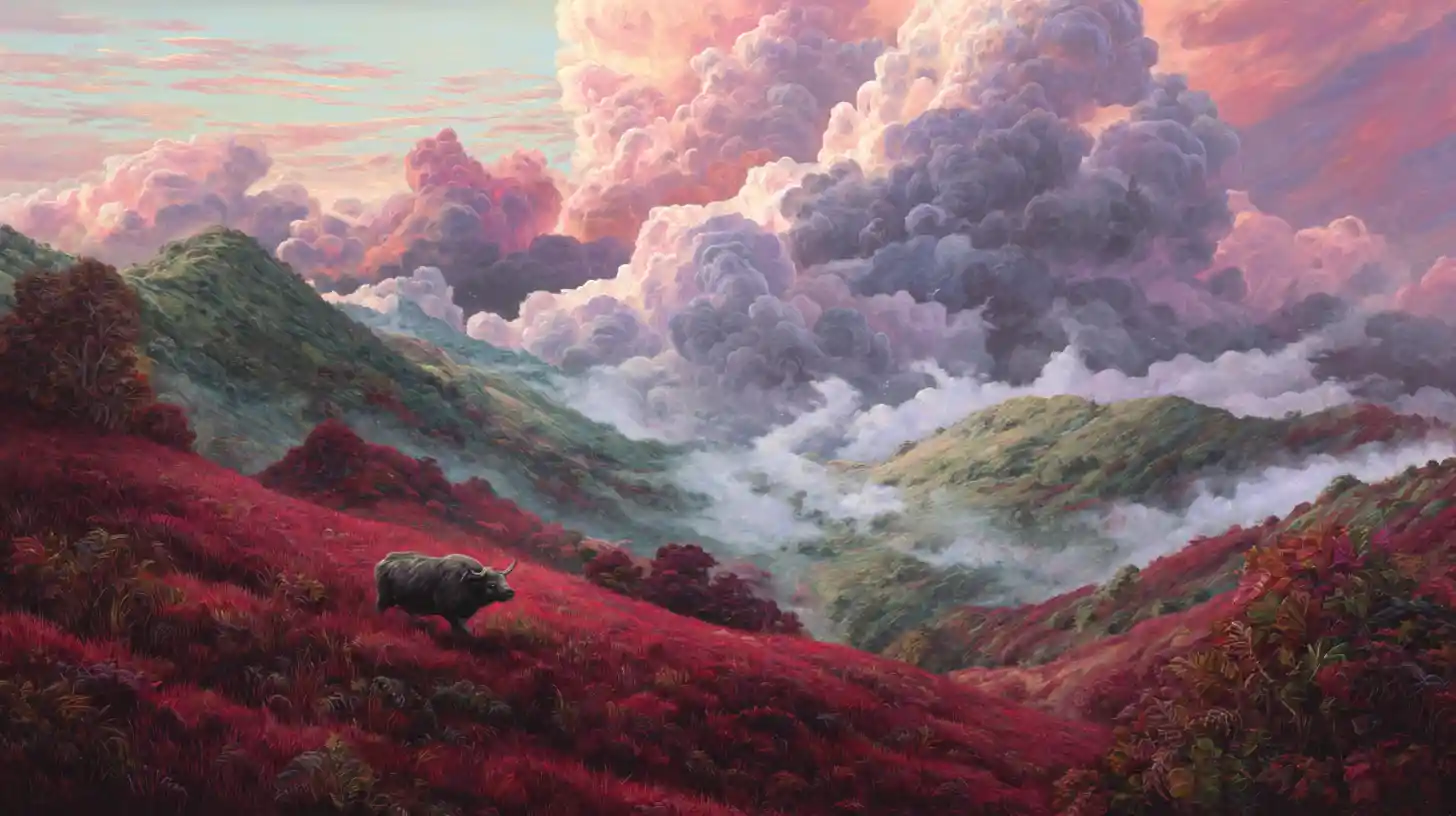 超現實多彩山巒與起伏丘陵畫作