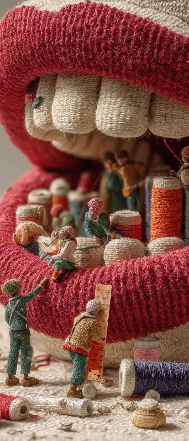 Vista macro de una escultura sonriente de hilo llena de fantasía