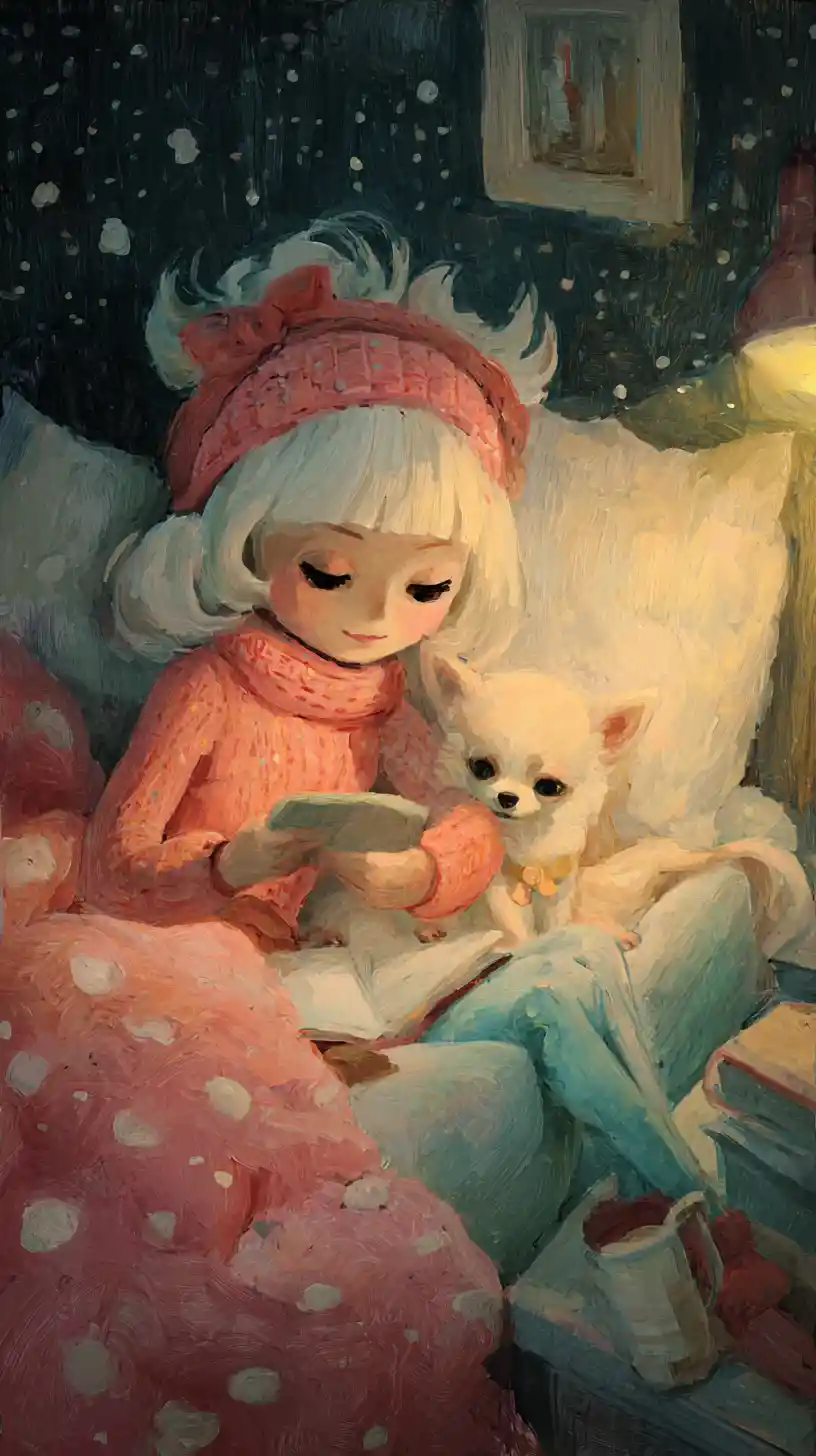 Illustration de nuit cosy et féerique avec un petit chien