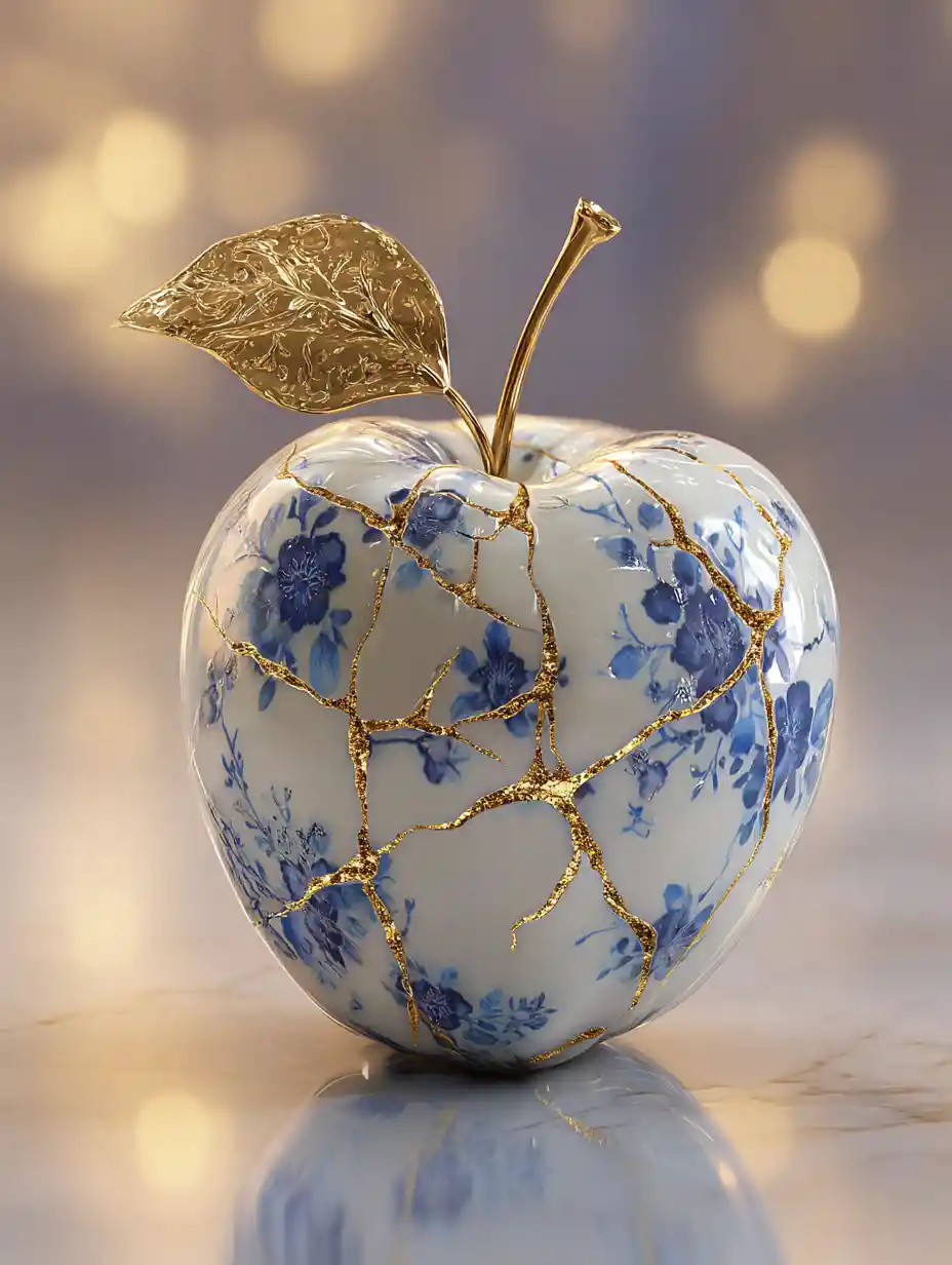 Porcelain apple with gold kintsugi and blue floral design