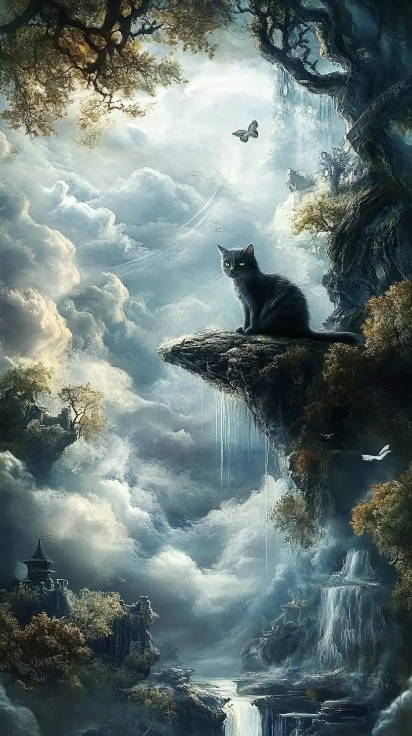 奇幻夢境幻想景觀中的超現實貓咪