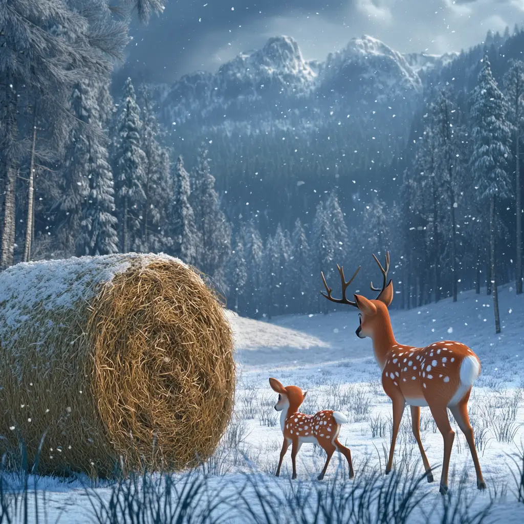 Cierva y cervatillo buscando alimento en una tormenta de nieve invernal