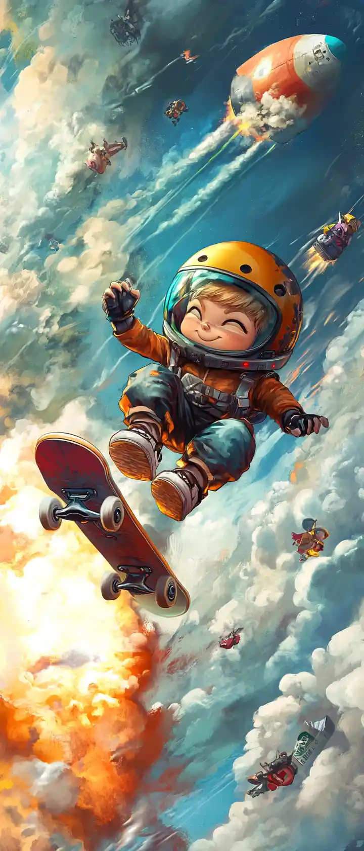 Verrückte Chibi-Charaktere rasen auf einem Raketen-Skateboard