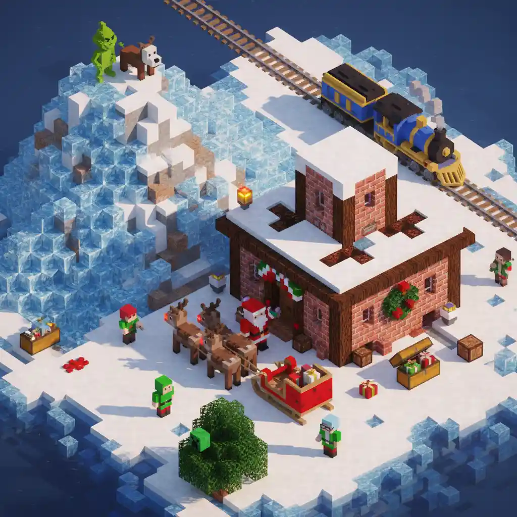 Voxel santa workshop in epic north pole winter landscape