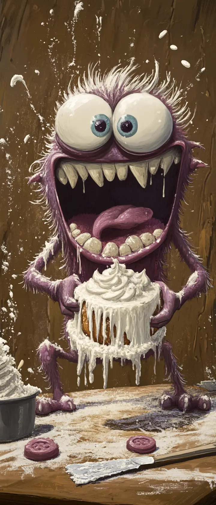 Cartoon-Monster im chaotischen Mehl‑Backdesaster