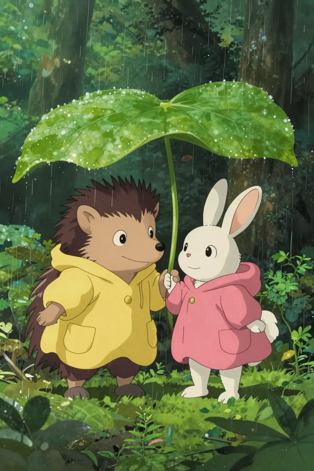 Hedgehog And Rabbit Sharing Shelter Under Green Leaf