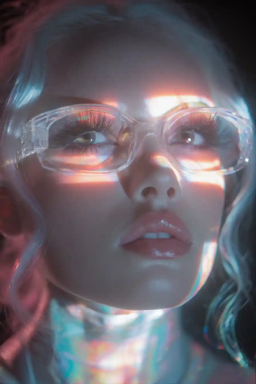 Surreal femme robot portrait with glowing barcode eyes