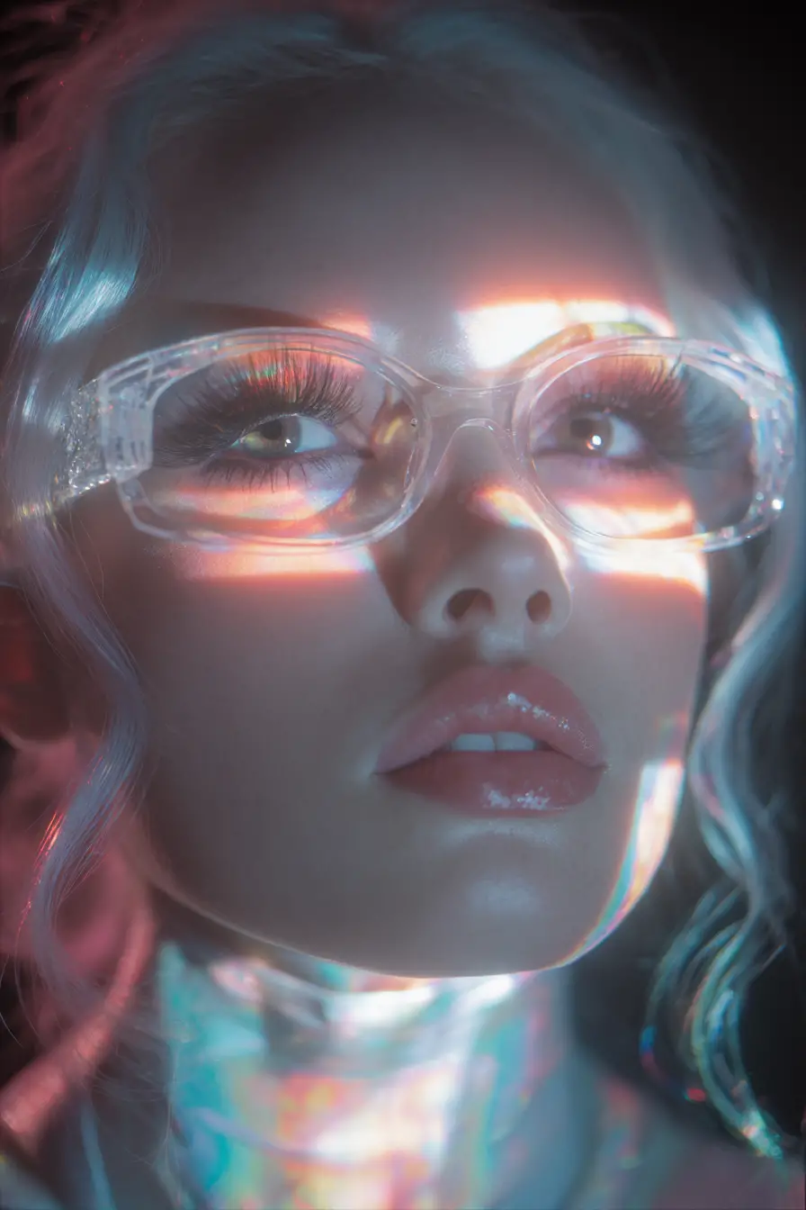Surrealistisches Porträt einer weiblichen Roboterfigur mit leuchtenden Barcode-Augen