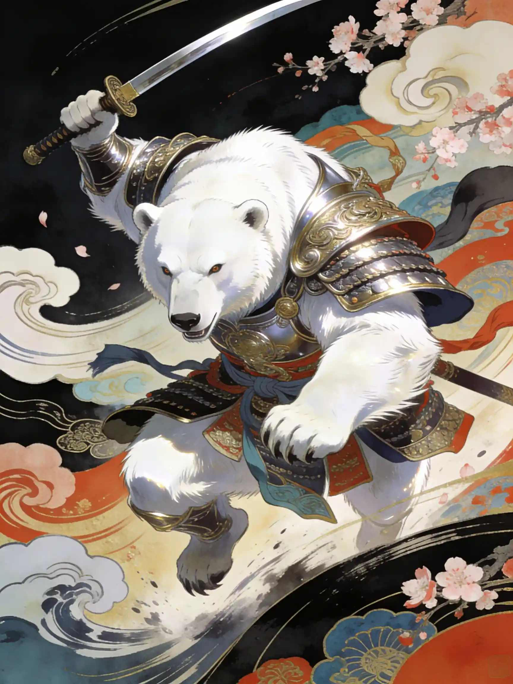 威嚴北極熊武士衝鋒於繽紛浮世繪奇幻世界