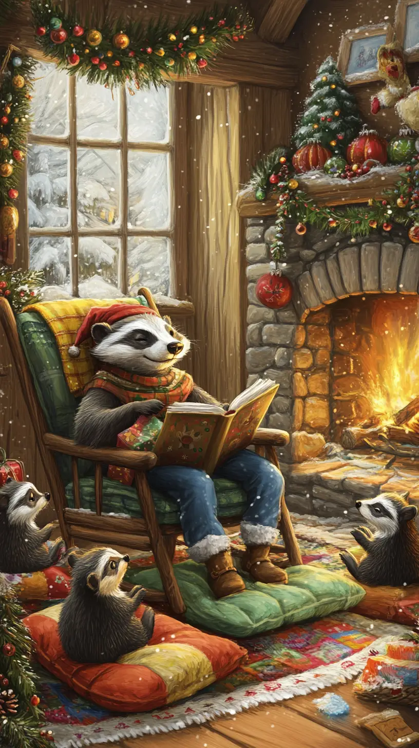 暖かい暖炉のそばで本を読むクリスマスのアナグマ家族