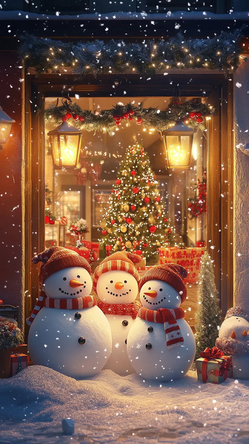 溫馨聖誕街道與店面前的雪人一家