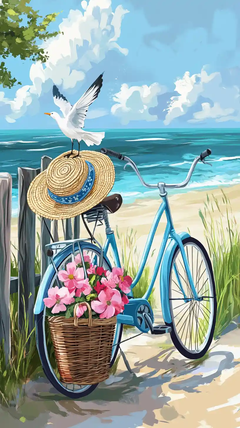 Bicicletta blu su una tranquilla spiaggia estiva con gabbiano