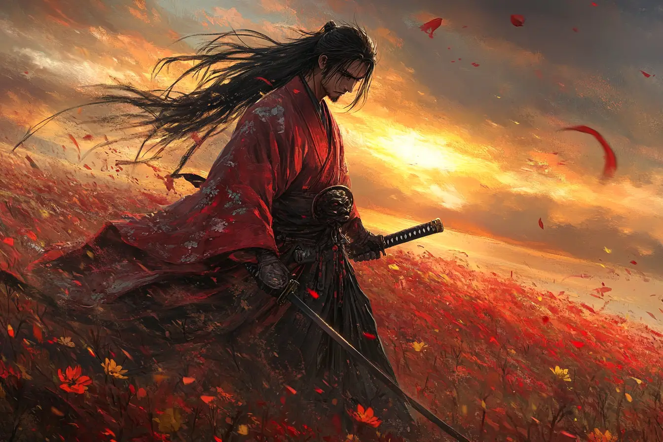 Guerrier en kimono rouge dégainant son épée au coucher du soleil