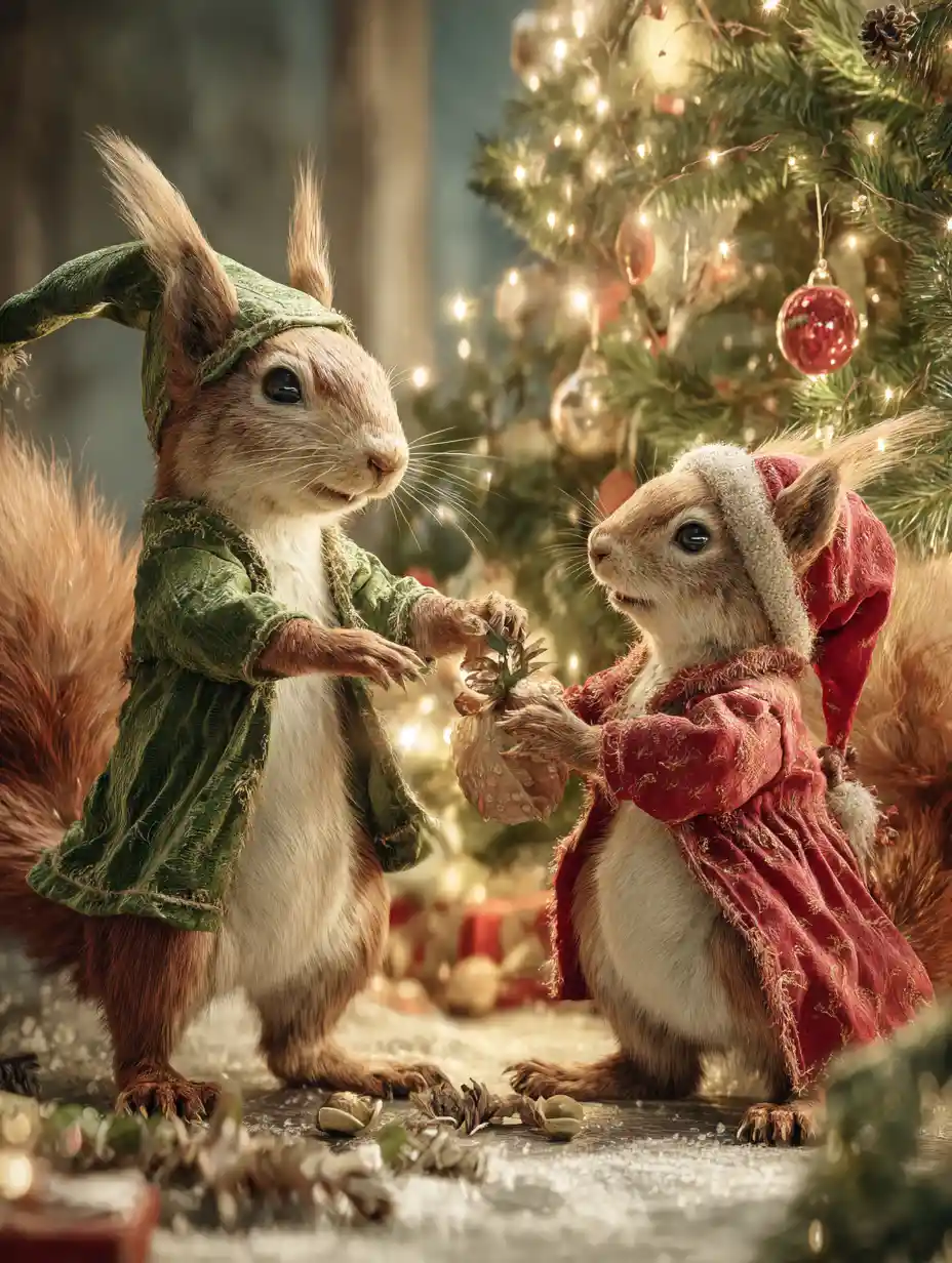 Festliches Eichhörnchen-Paar schmückt einen gemütlichen Weihnachtsbaum