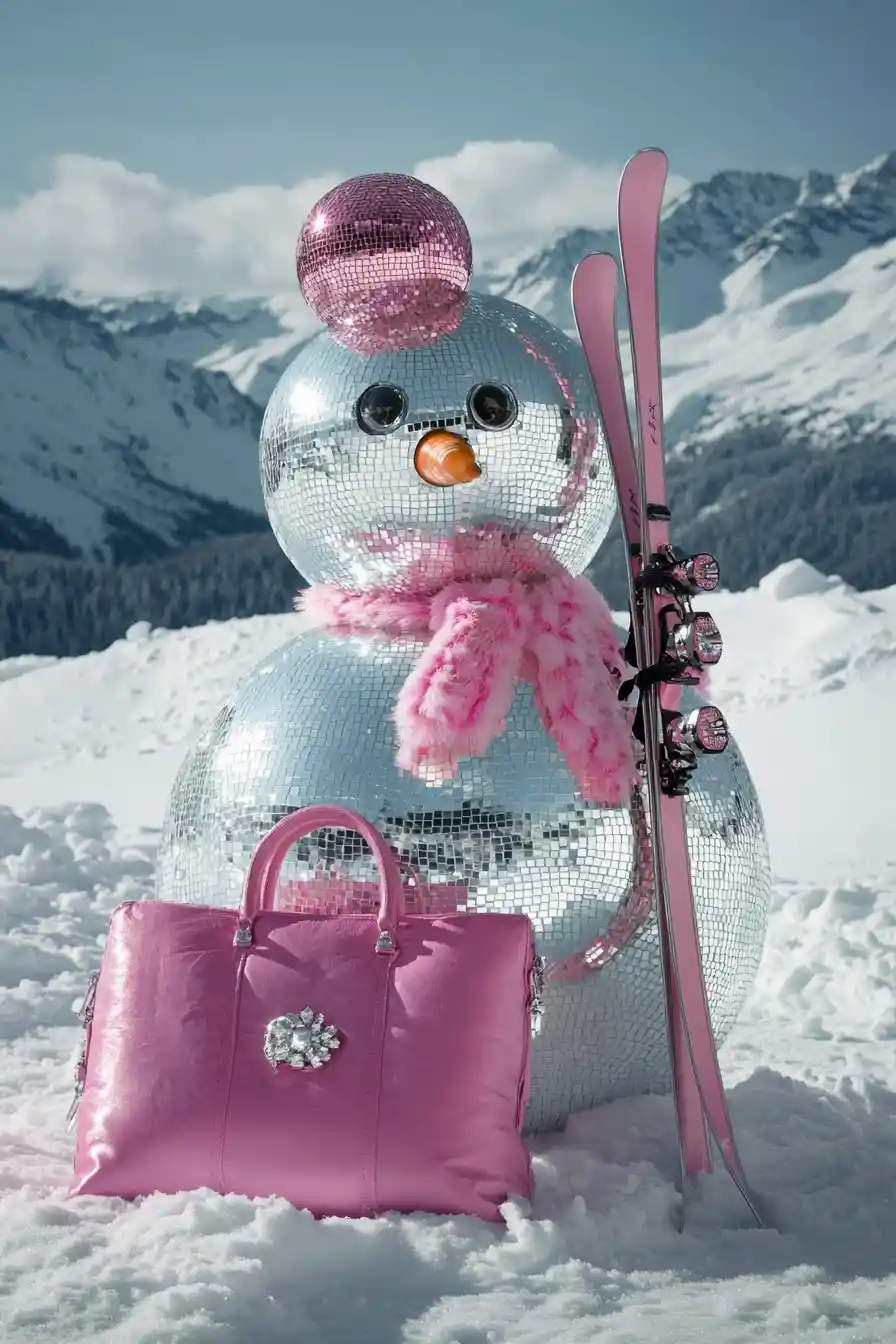Bonhomme de neige boule miroir avec sac à main rose dans un paysage alpin