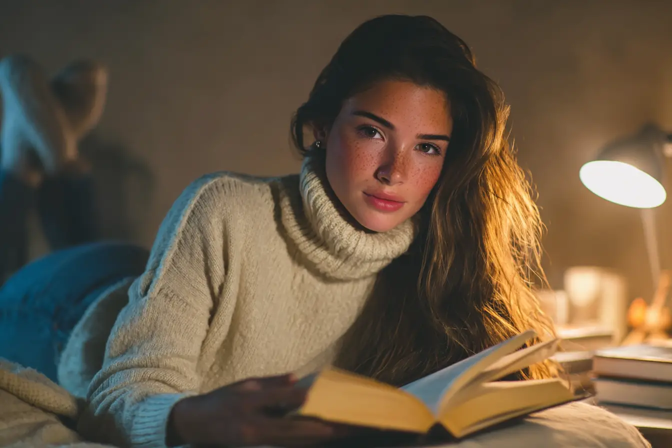 Jeune femme lisant un livre à la lumière chaleureuse d’une lampe de table