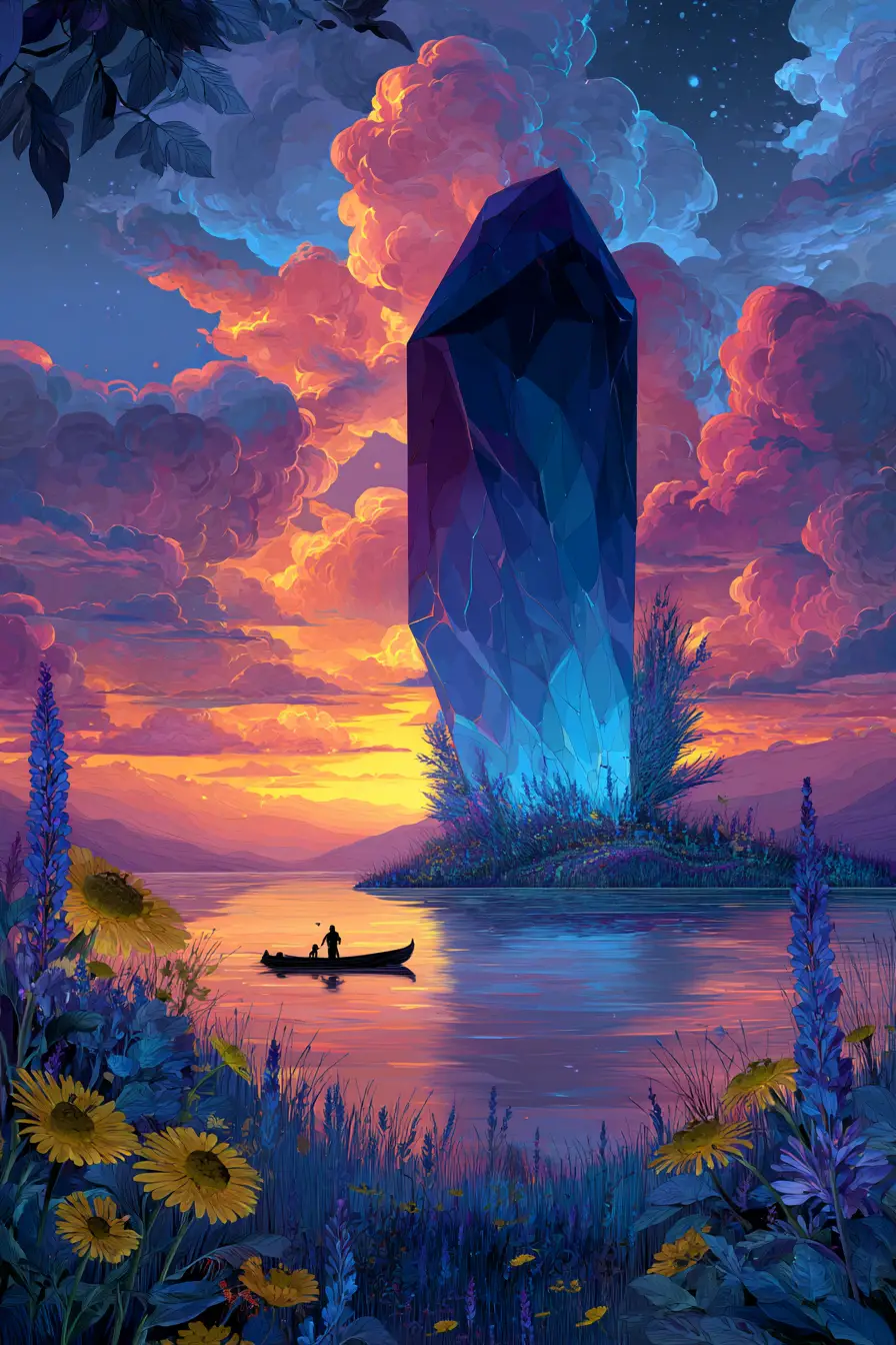 Leuchtender Kristallturm über einem ruhigen Sonnenuntergang am See