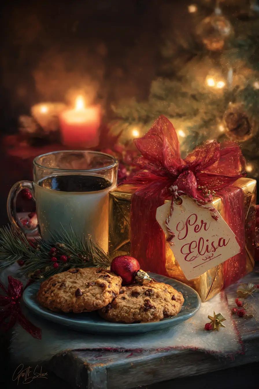 Cozy Christmas cookies coffee and gift in warm light