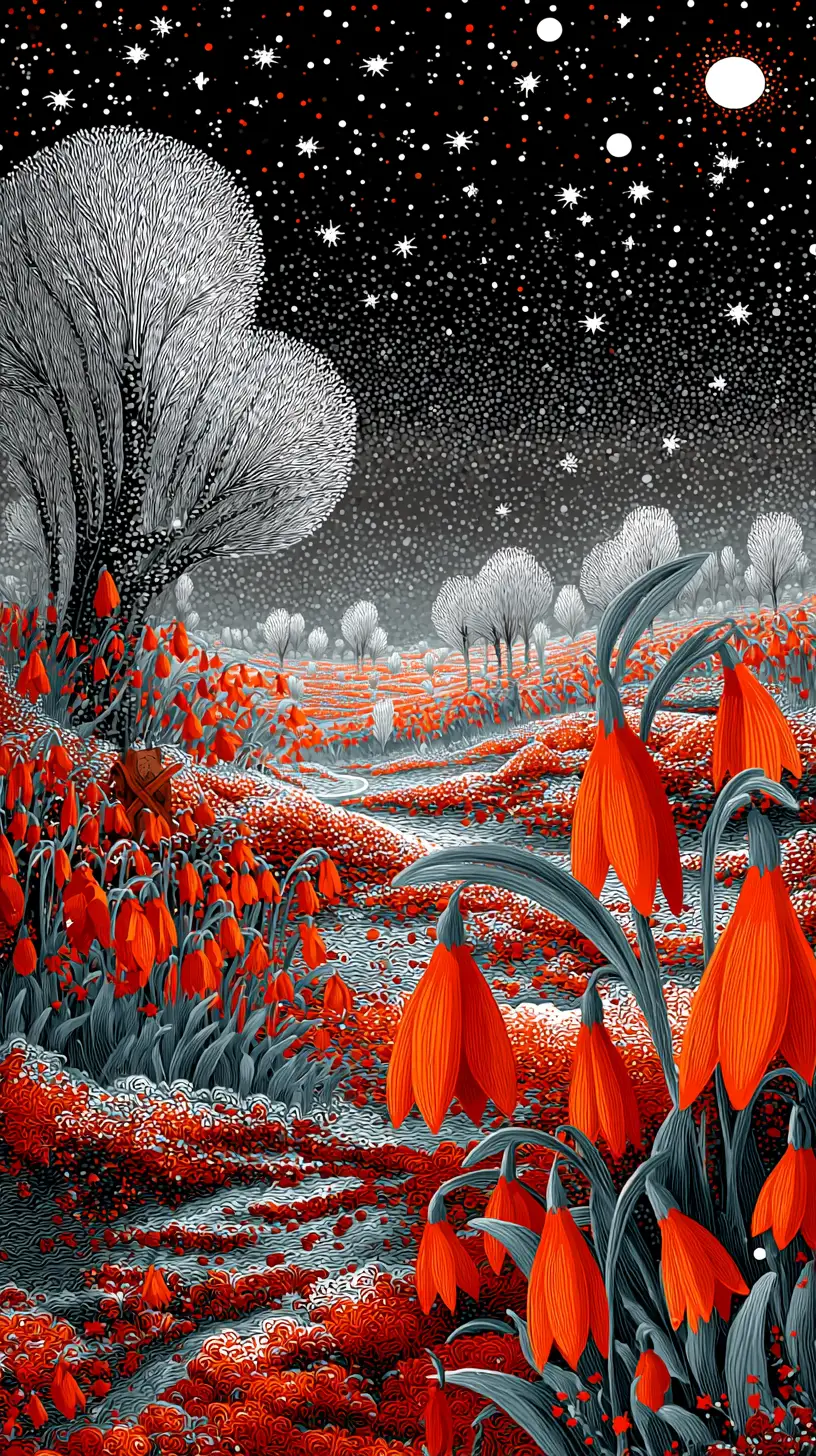 Fantasievolle Winterlandschaft mit roten Blumen auf gefrorenem Boden
