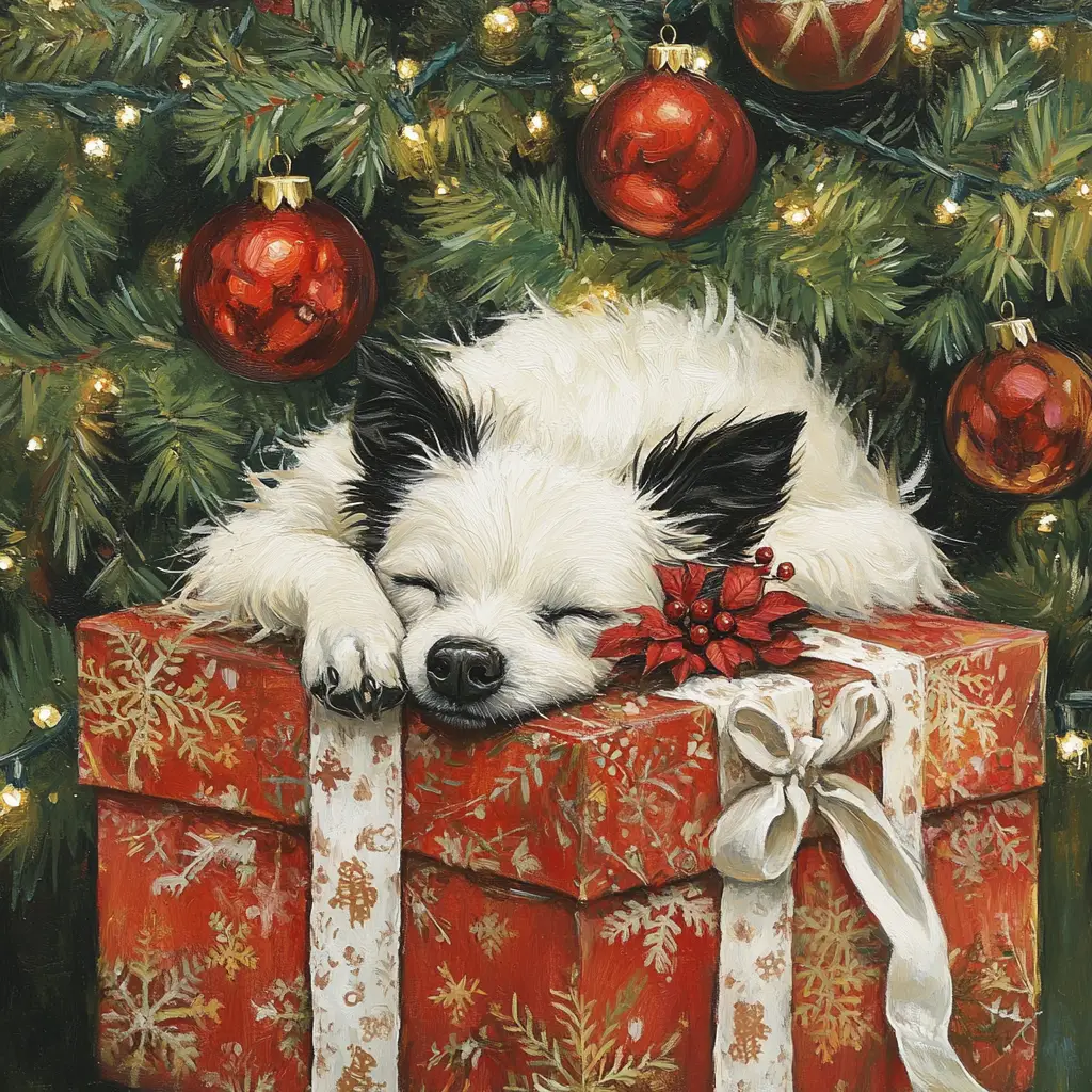 Cane bianco che riposa su una scatola regalo rossa accanto all’albero di Natale