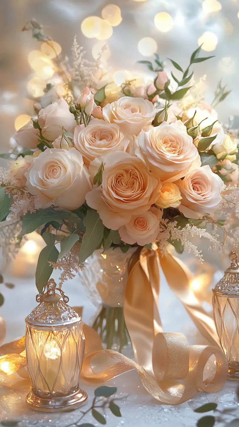 Bouquet de roses pastel avec rubans dorés sur table givrée