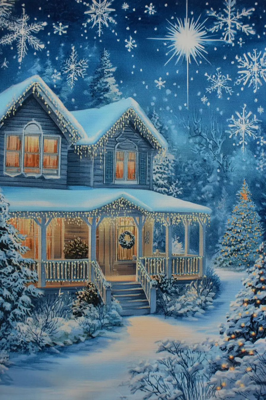 Maison festive enneigée avec des lumières de Noël scintillantes