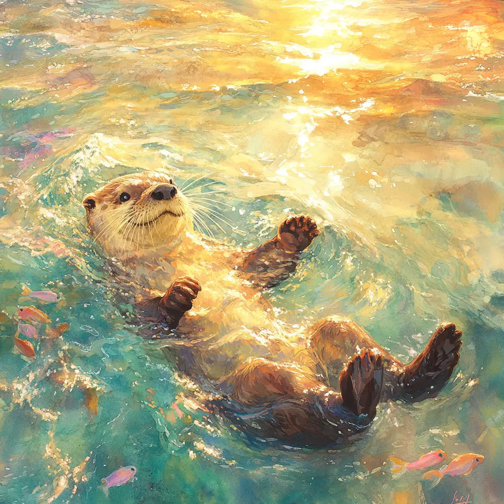Loutre joueuse flottant dans les douces vagues de l’heure dorée