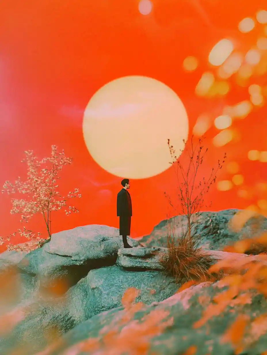 火紅極簡構圖的超現實立體模型拼貼