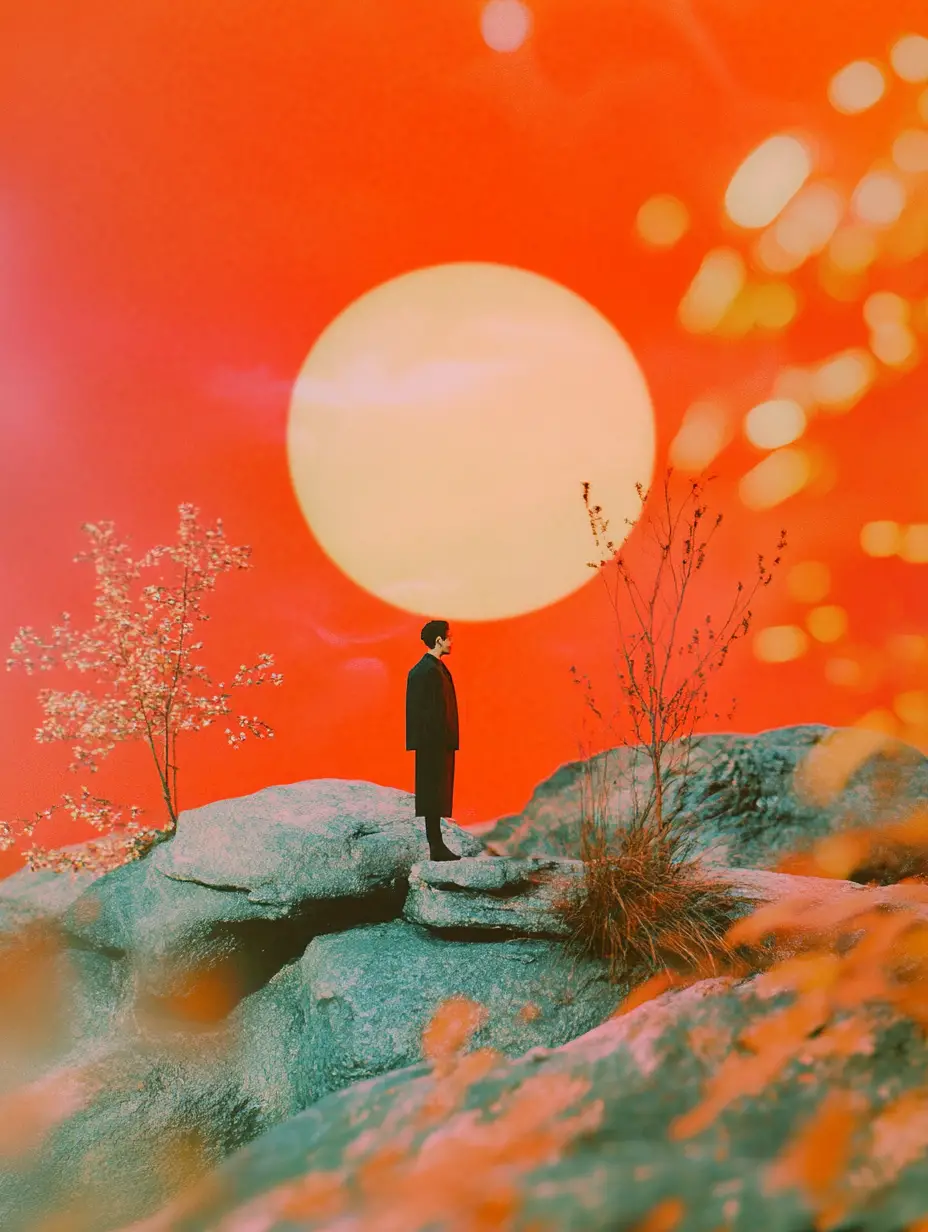 火紅極簡構圖的超現實立體模型拼貼