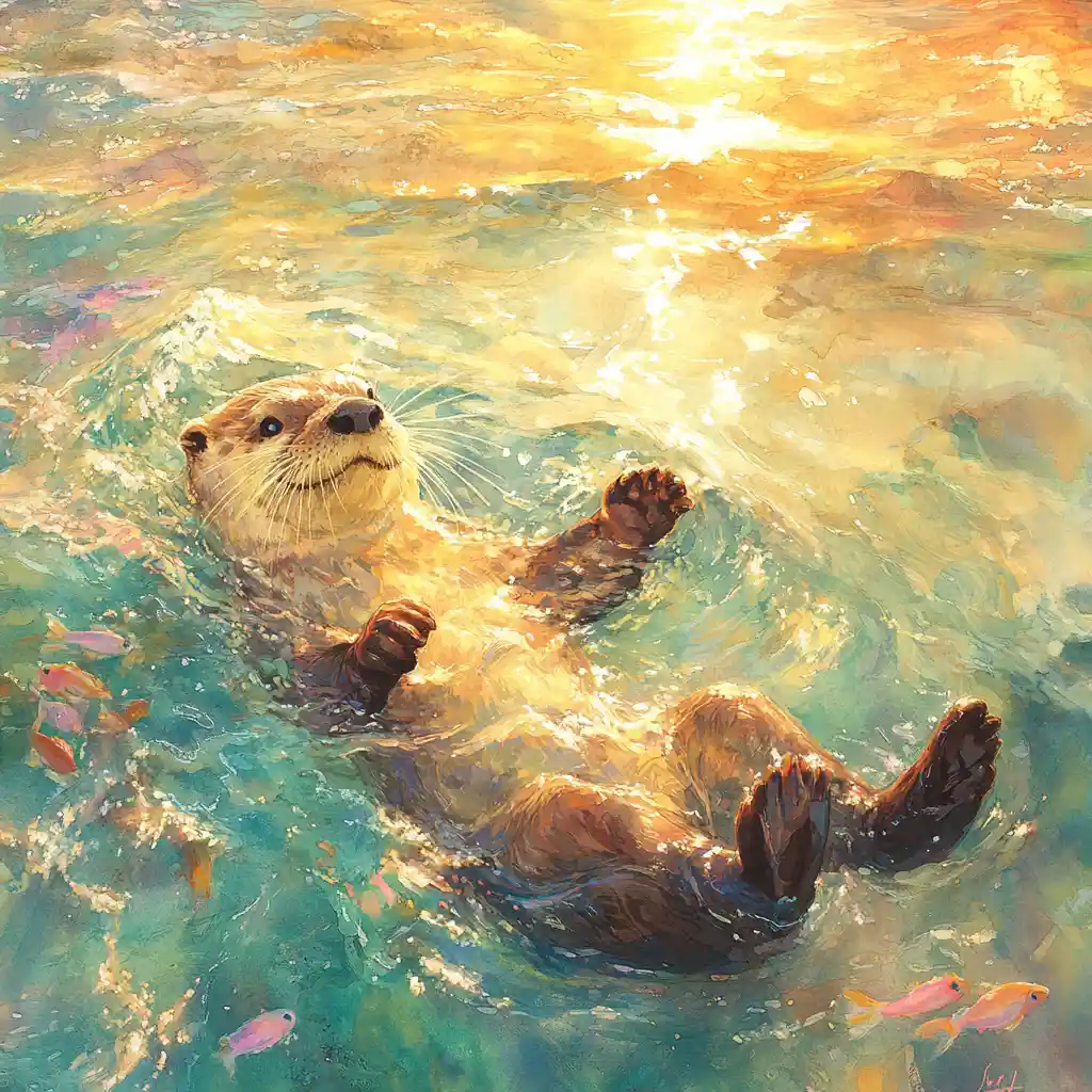 Loutre joueuse flottant dans les douces vagues de l’heure dorée