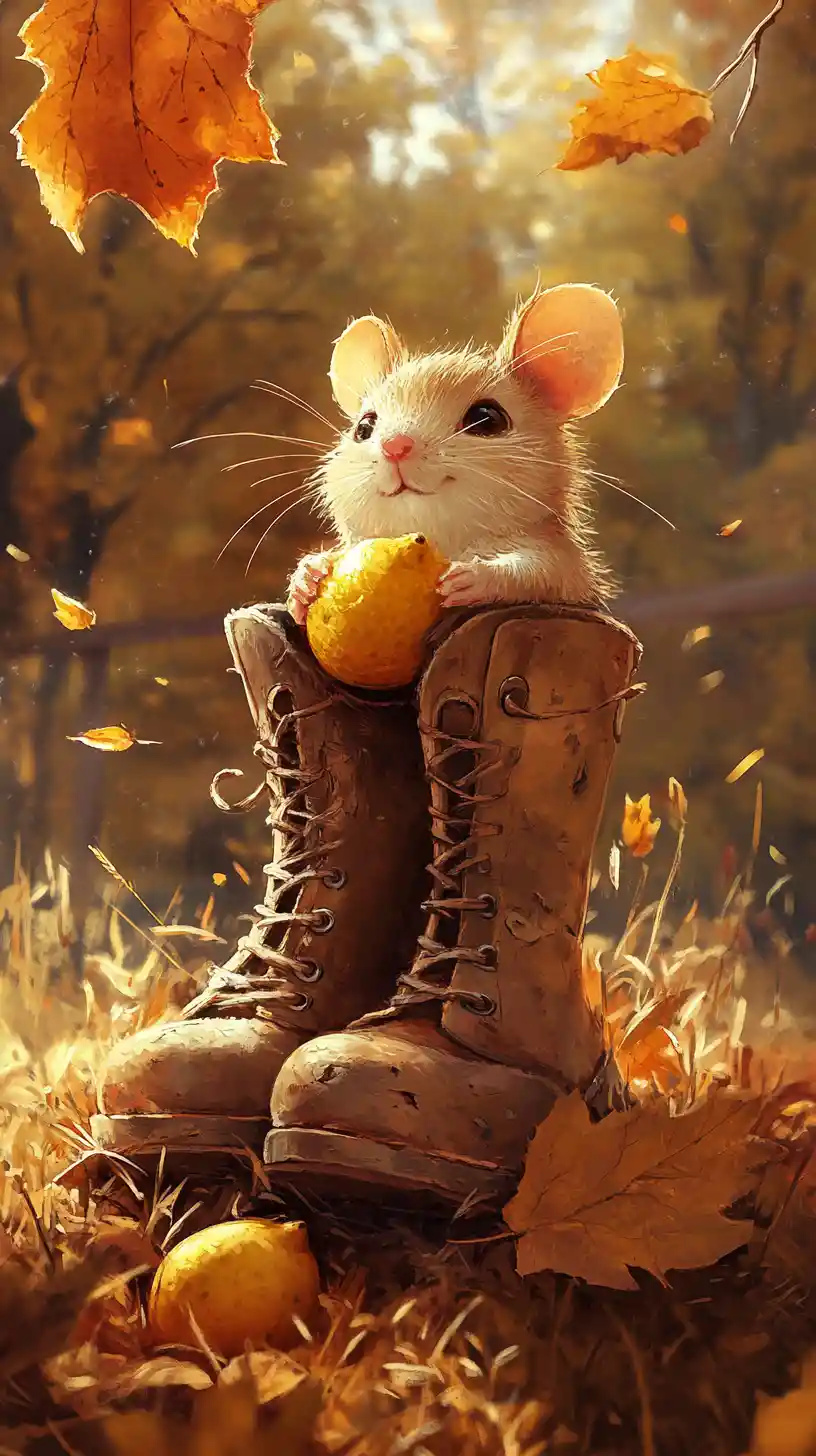 Niedliche Cartoon-Maus in einem Stiefel unter einem Blatt