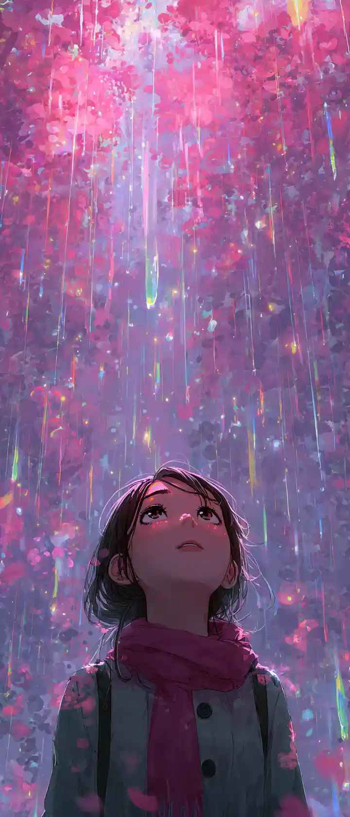 光り輝く雨の中で桜が舞い散るアニメ少女