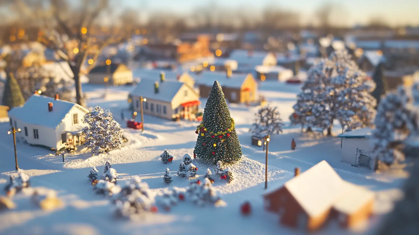 晴朗聖誕清晨中的白雪覆蓋美國中西部小鎮