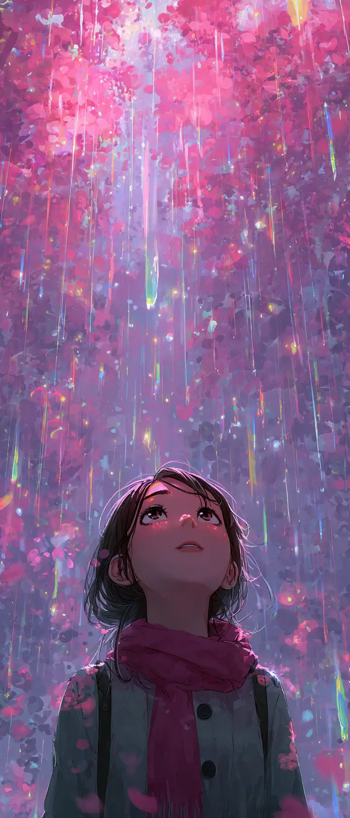 光り輝く雨の中で桜が舞い散るアニメ少女