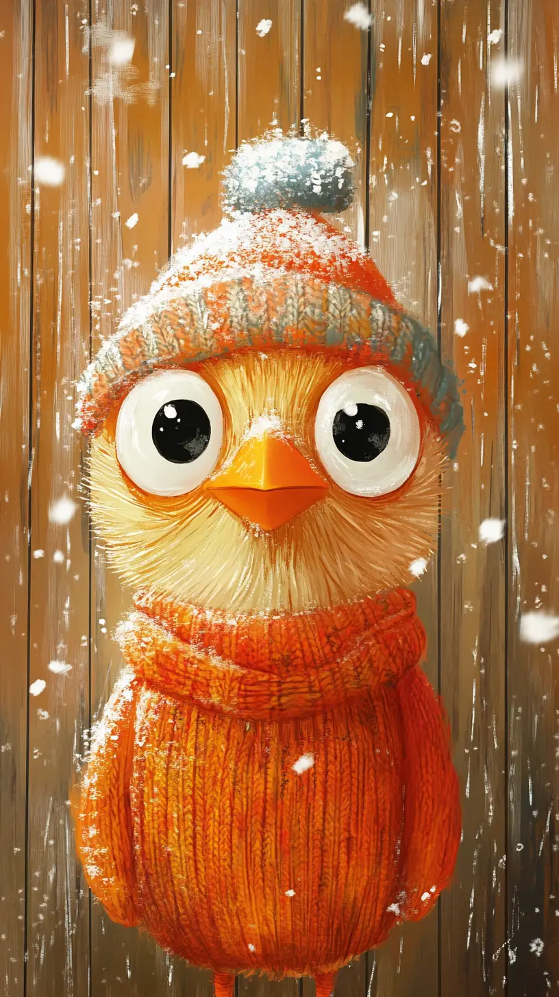 Poulet cartoon espiègle dans la neige sur fond abstrait orange