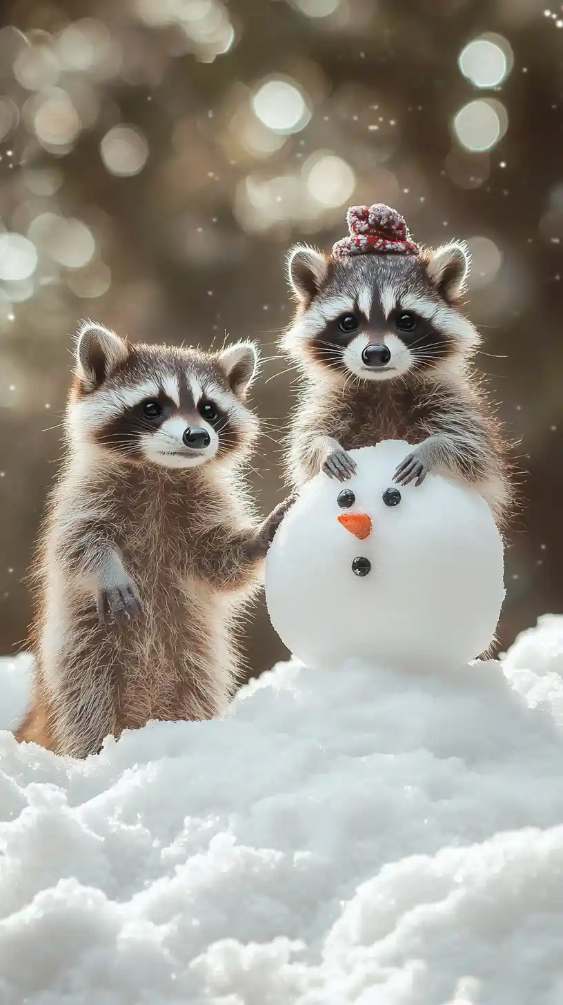 Zwei verspielte Waschbären mit Schneemann in winterlicher Szene