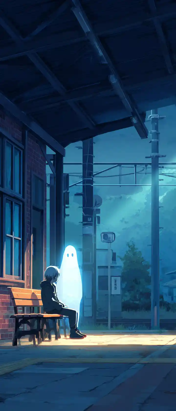 Boy sitting alone at a train station with a ghost
