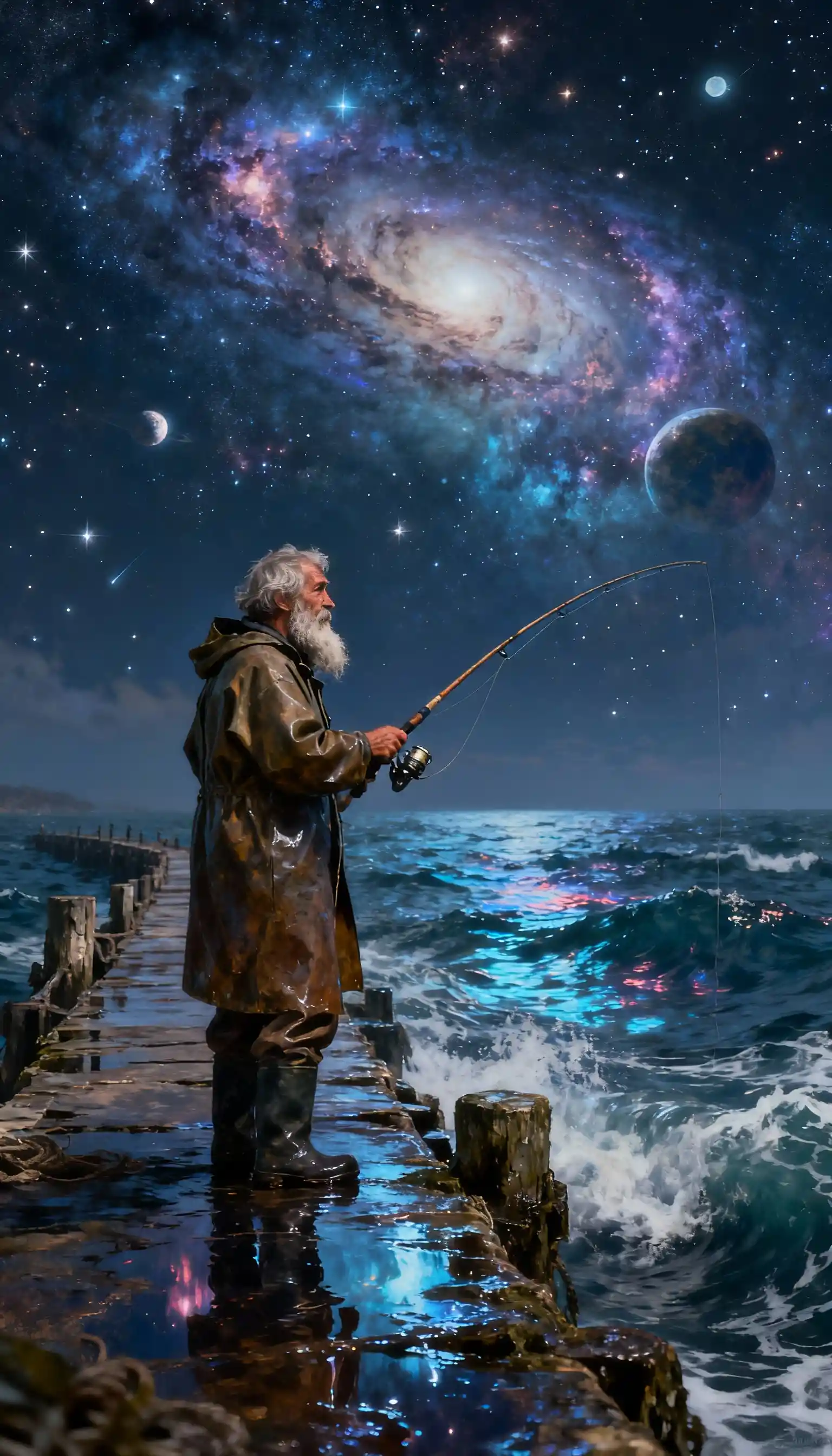夜晚宇宙星光大海上的老漁夫