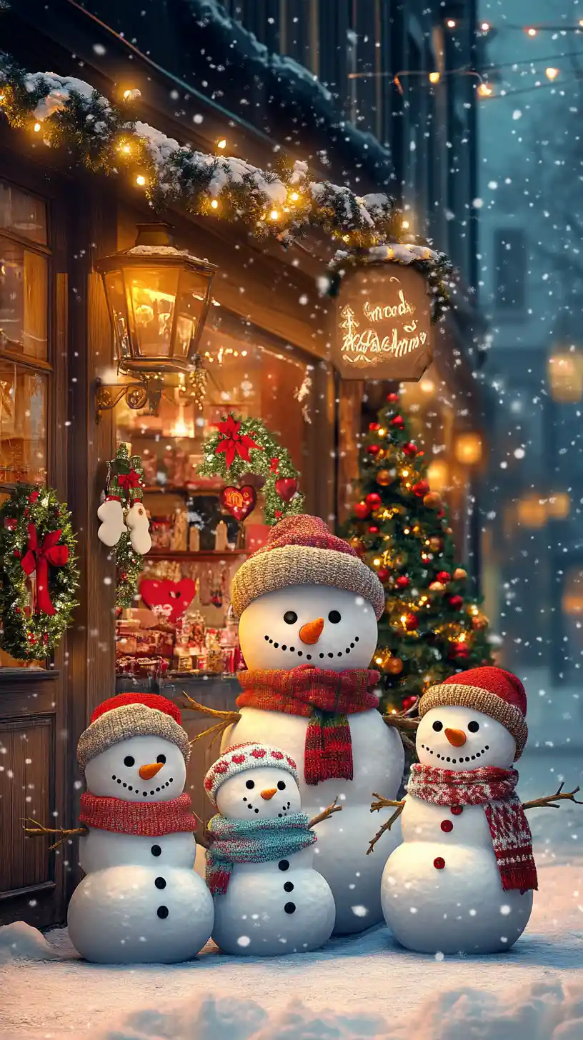 Famille de Bonhommes de Neige dans une Rue de Noël Chaleureuse la Nuit