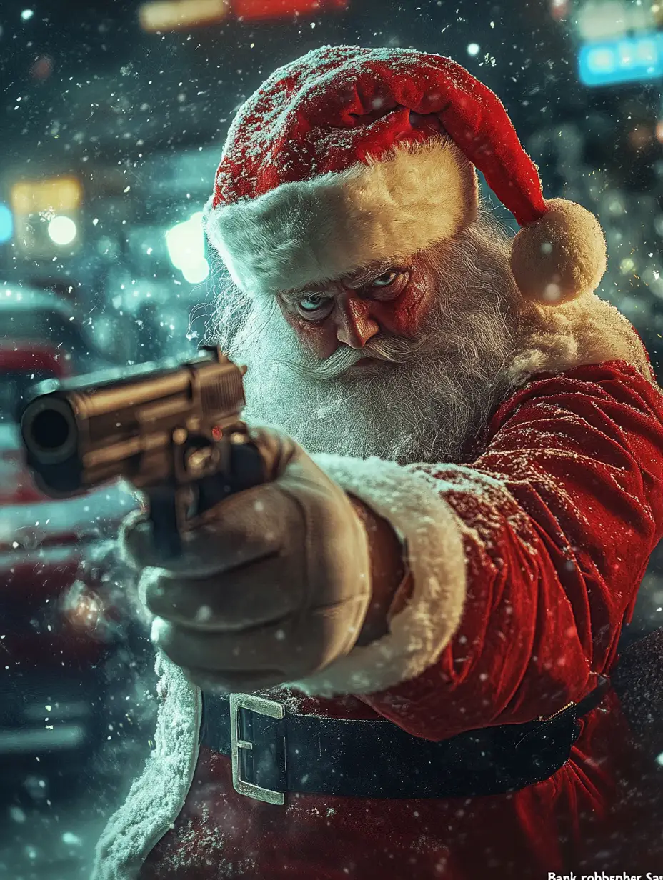 Finsterer Bankräuber-Weihnachtsmann in einer Dark-Fantasy-Szene
