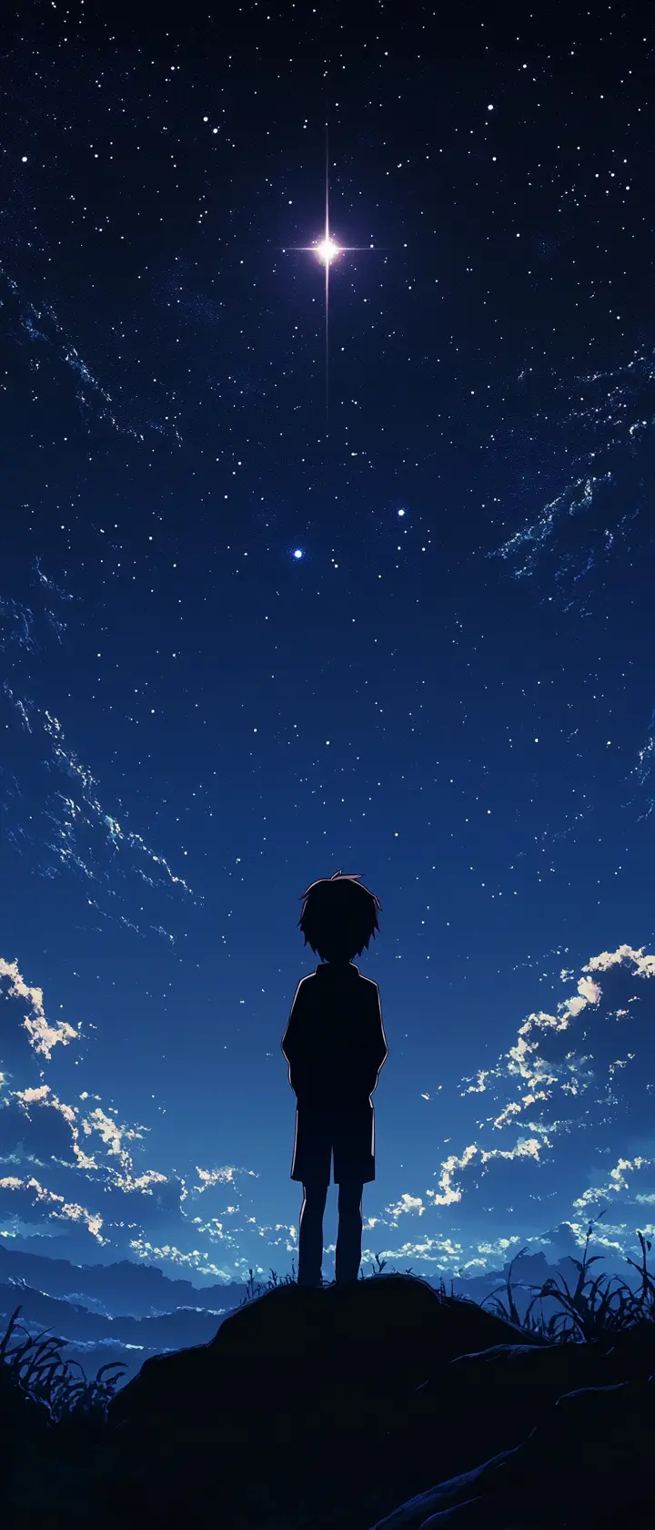 Silueta de anime bajo un vasto cielo nocturno con una estrella