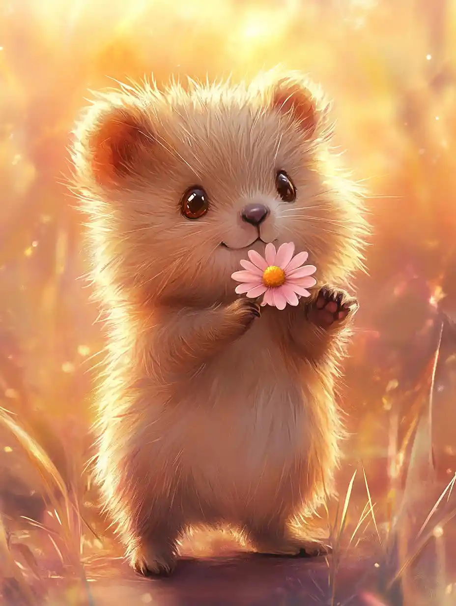 Dolce quokka chibi che tiene una margherita rosa al tramonto