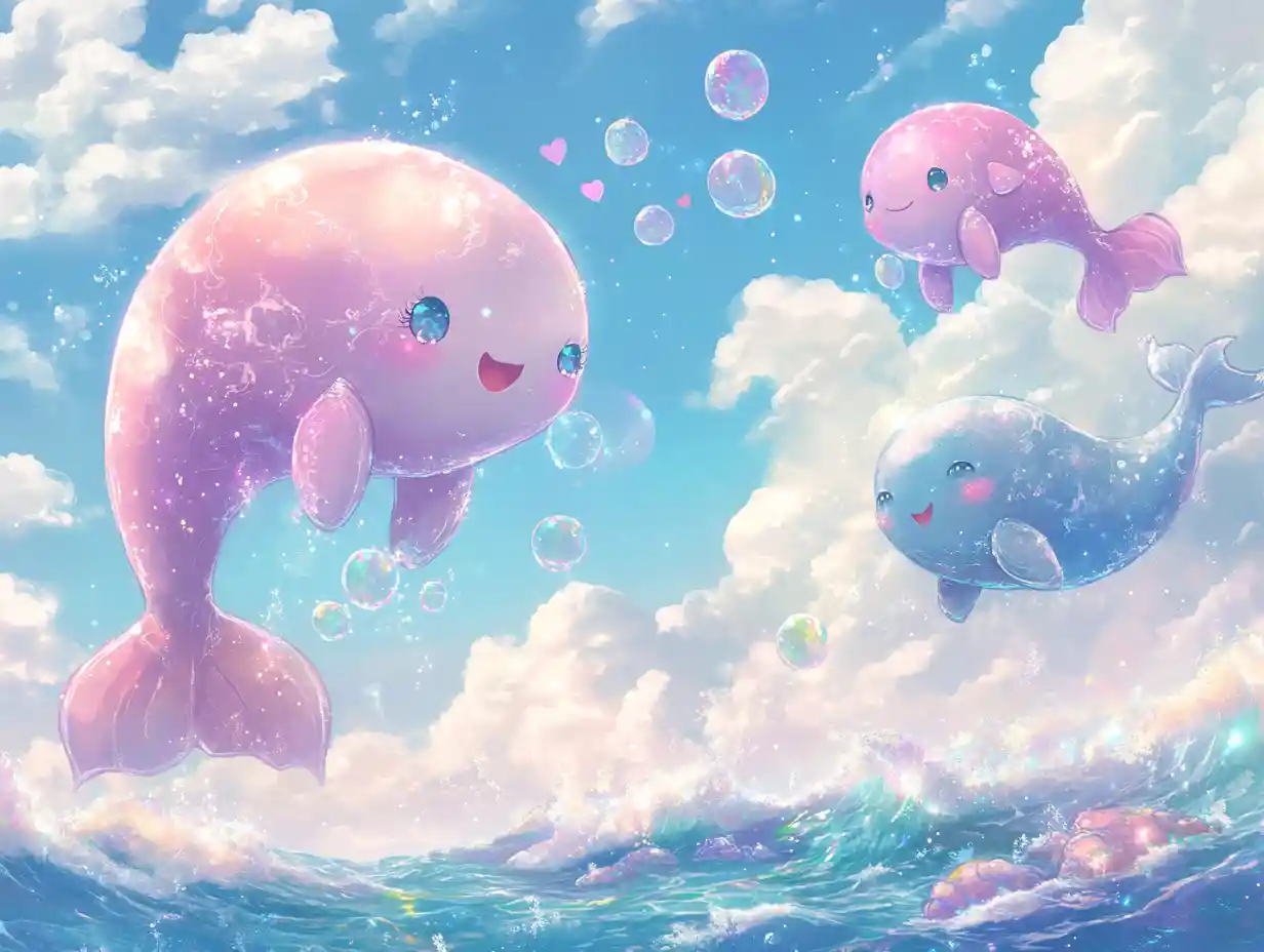 Avventura kawaii anime nell’oceano con delfini e sirene