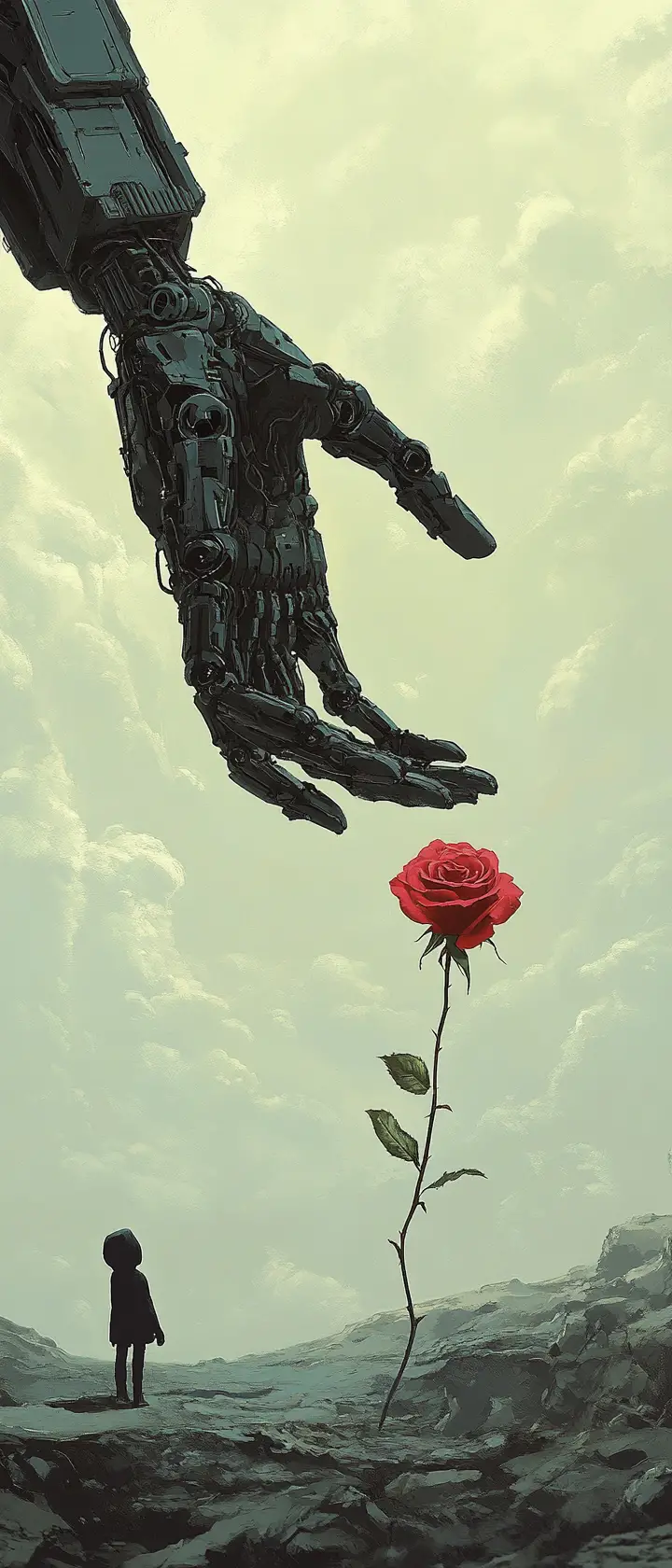Enorme mano robotica che offre una singola rosa rossa