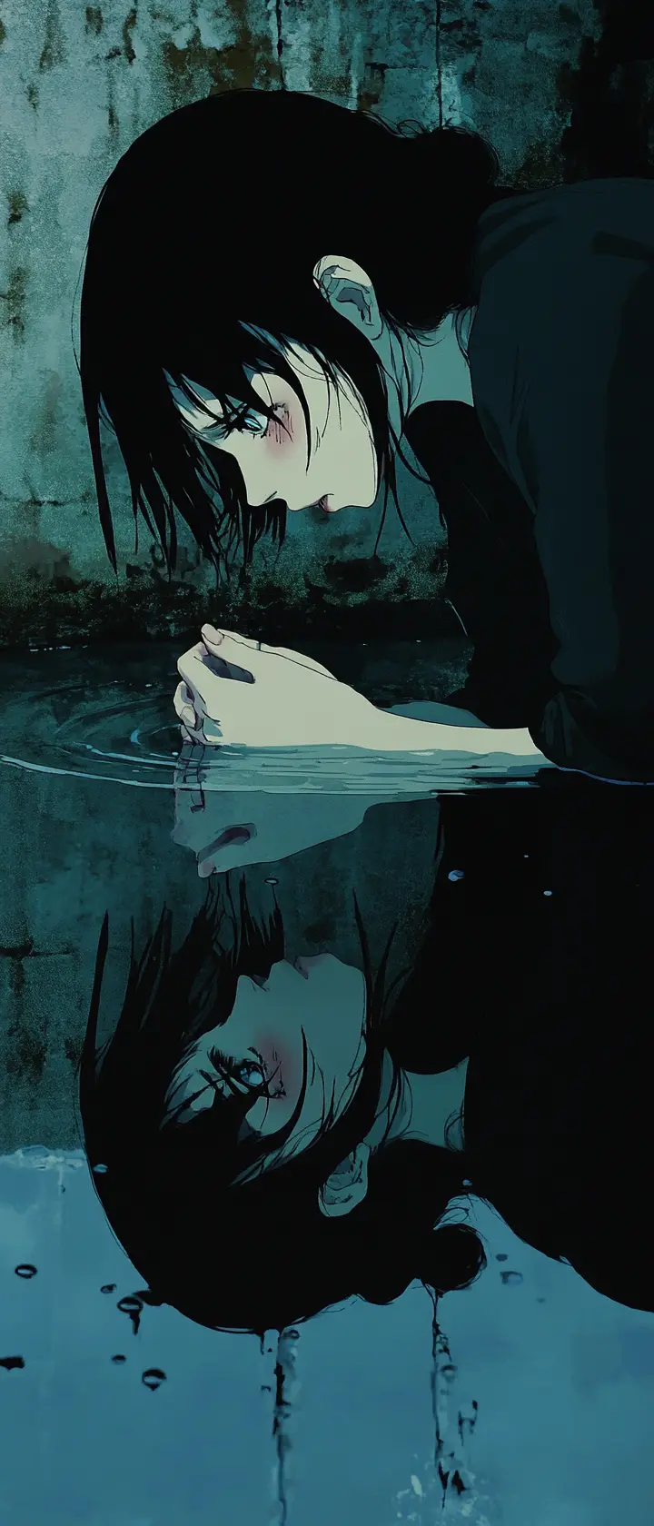 女子直面黑暗水中扭曲的倒影