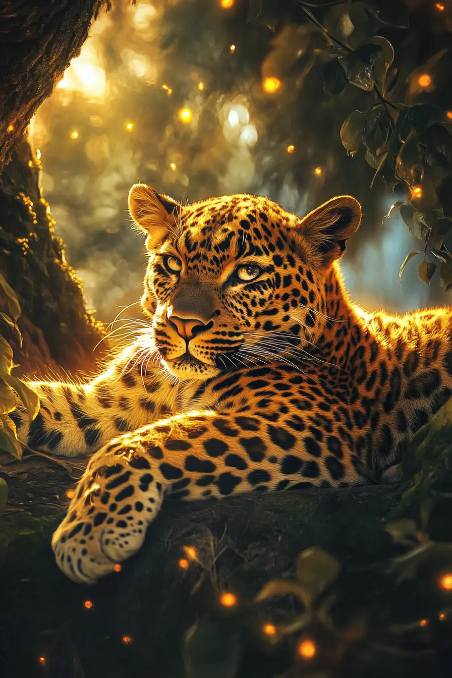 Leopardo giocherellone che si allunga sul suolo della foresta