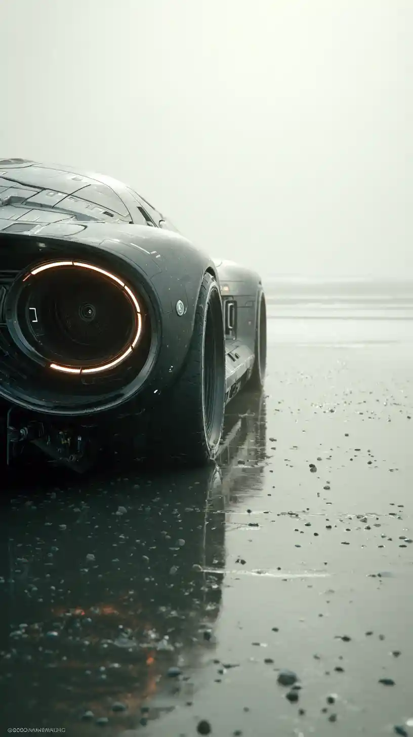 Voiture de sport noire futuriste flottant au-dessus d’une plage brumeuse